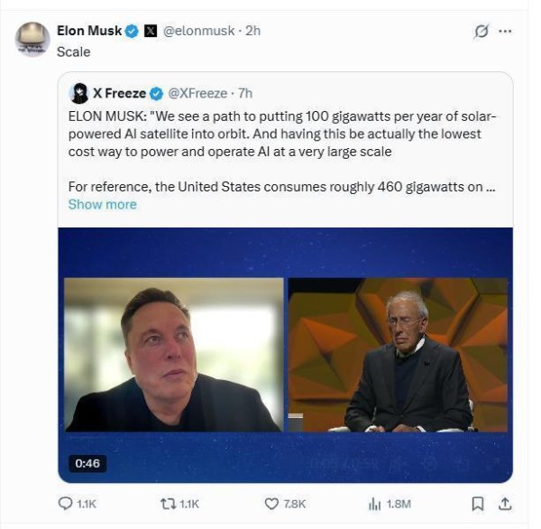 易云达配资 马斯克：计划每年在太空中部署100吉瓦人工智能卫星